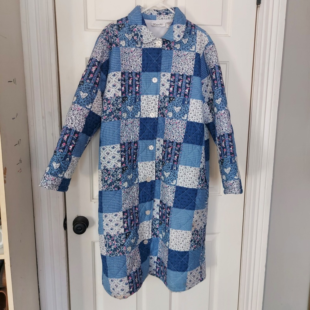 Sante Classics Blue Patchwork Quilted Duster Coat Floral Heart Pattern Medium